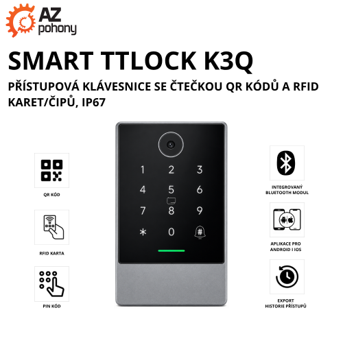 SMART TTLOCK K3Q - přístupová klávesnice se čtečkou QR kódů a RFID karet, IP67